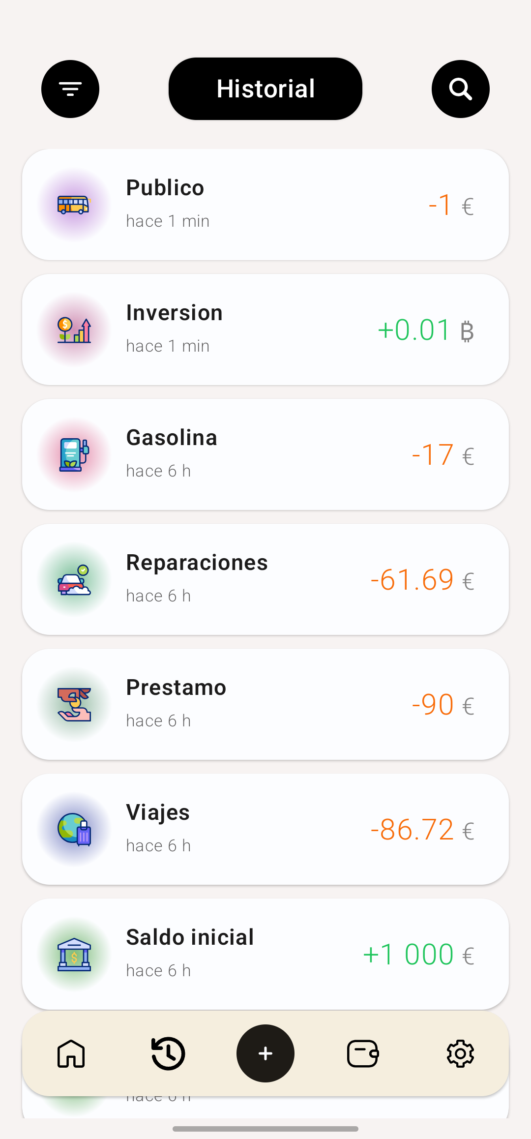 Historial: últimos ingresos y gastos en varias monedas