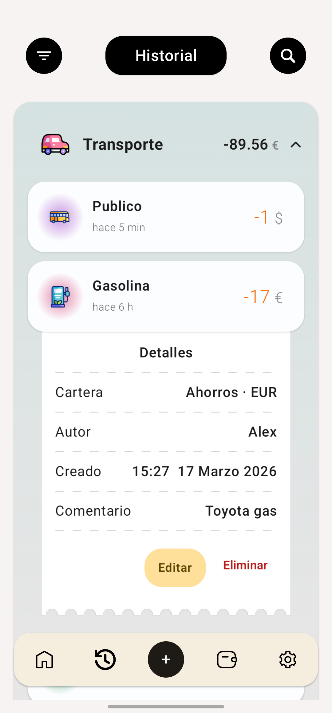 Carteras con sus saldos en distintas monedas