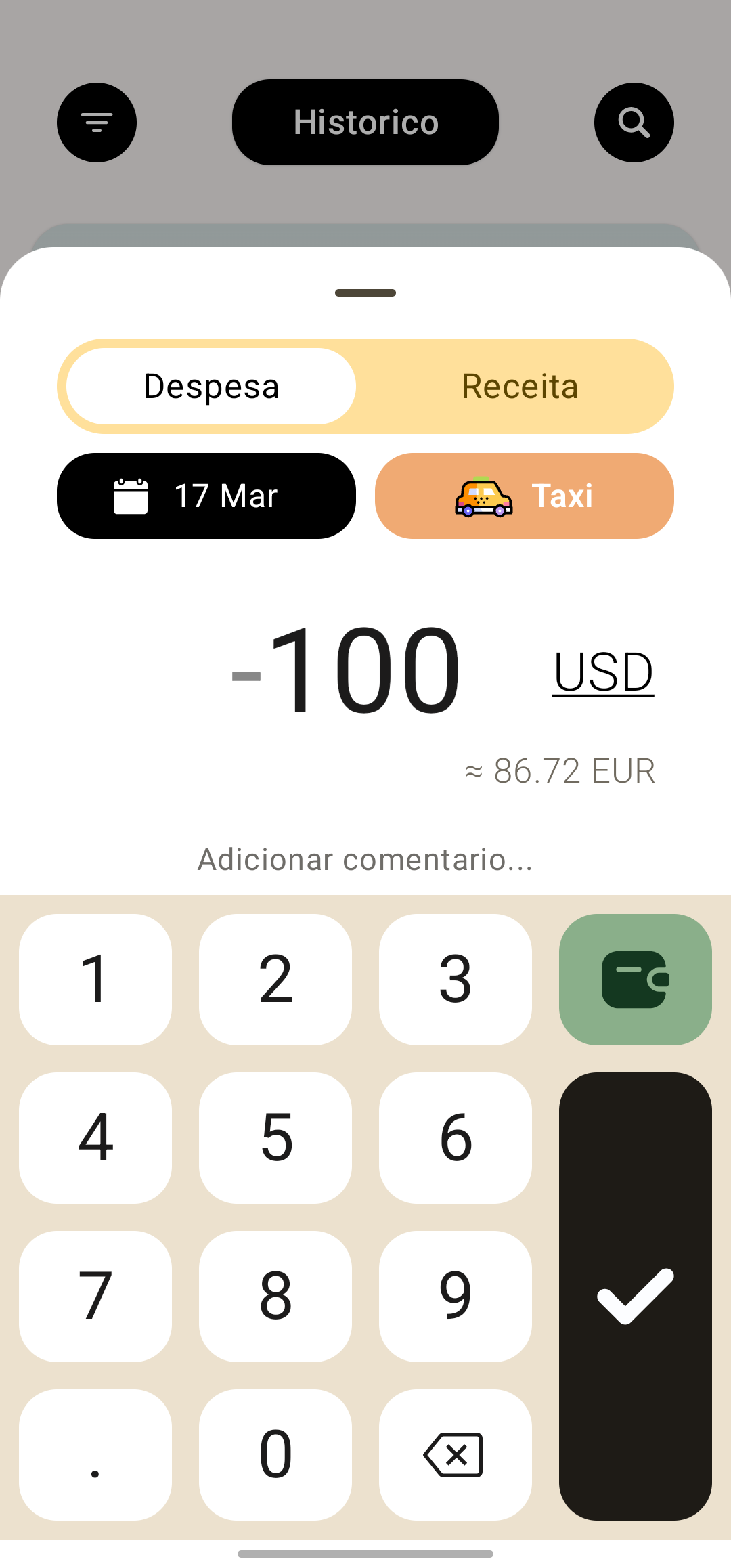 Histórico por categoria com os detalhes de um registro