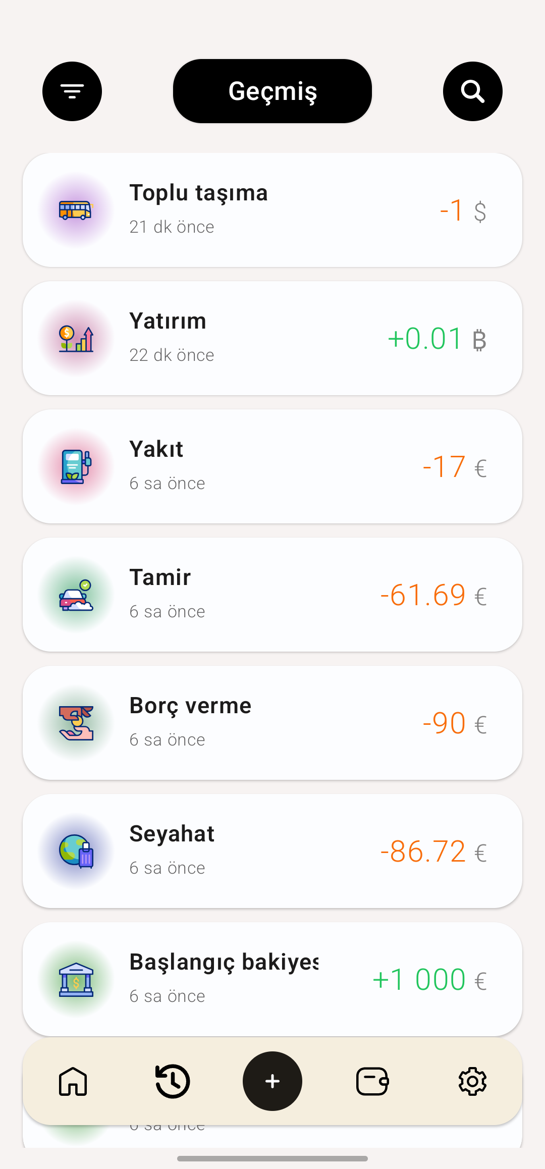 Geçmiş: farklı para birimlerinde son gelir ve giderler